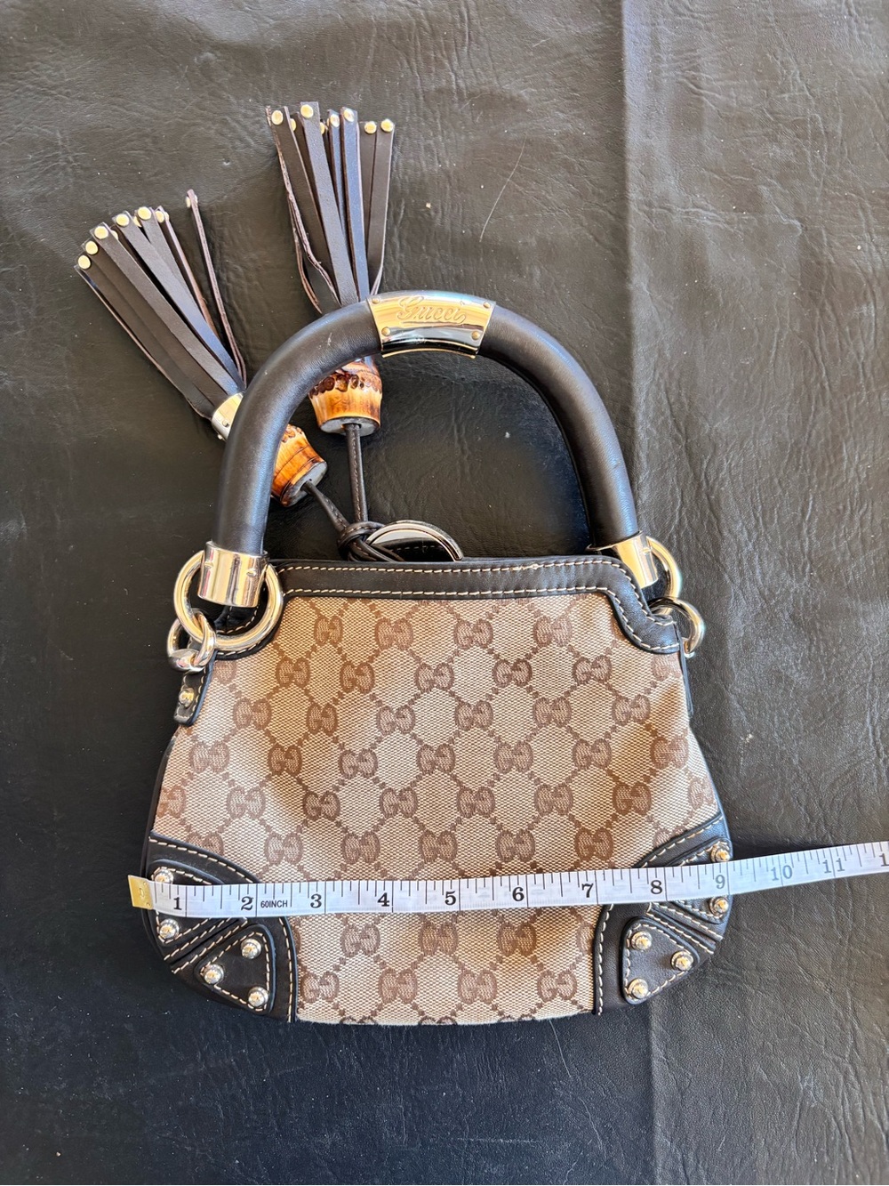 Gucci Beige Brown GG Canvas Mini Tote with Black Handles
